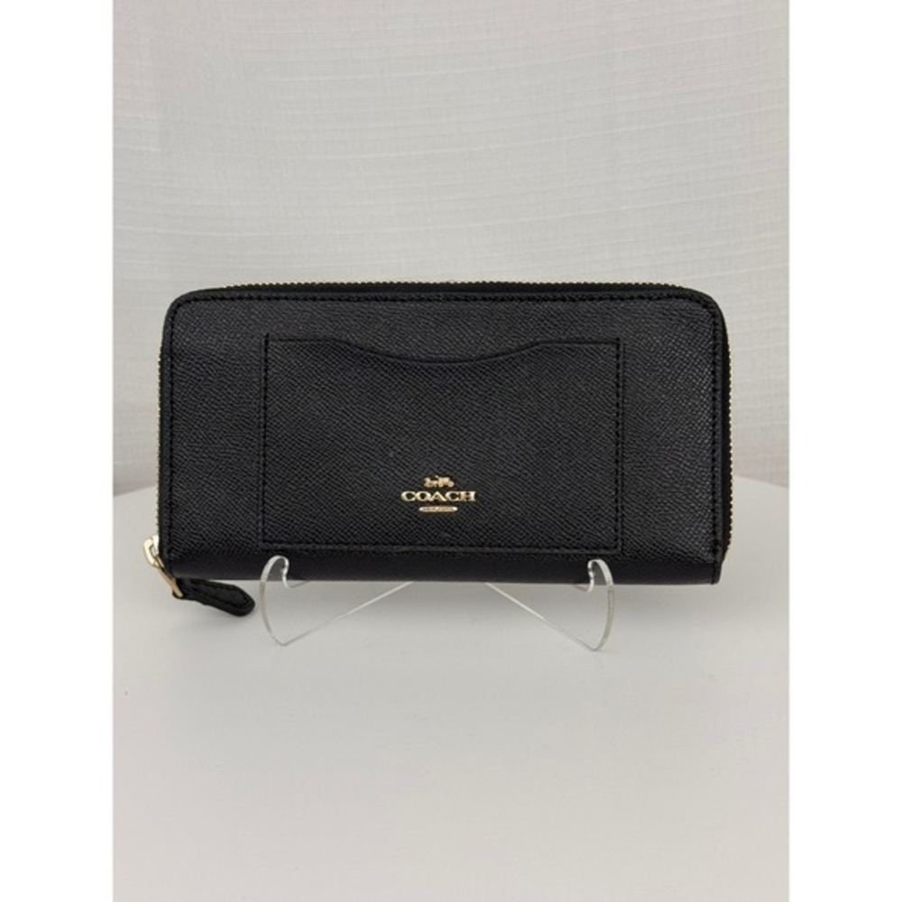 Coach F54007 Black Crossgrain Leather Accordion Zip Wallet Gold Hardware